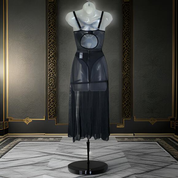 New Large Strappy Goth Vegan Leather Dress Outfit Bodysuit Mesh Skirt Set Sexy - Picture 9 of 9